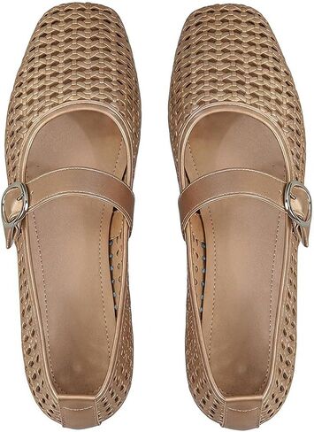 GORGLITTER Women's Gold Woven Ballet Flats Dressy Square Toe Sparkly Dress Ballerina Shoes with Buckle Strap in Kuwait