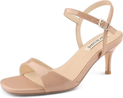 JOY IN LOVE Kitten Heels for Women Open Toe Ankle Strap Low Heel Sandals Party Wedding Dress Shoes Nude Patent US8 in Kuwait
