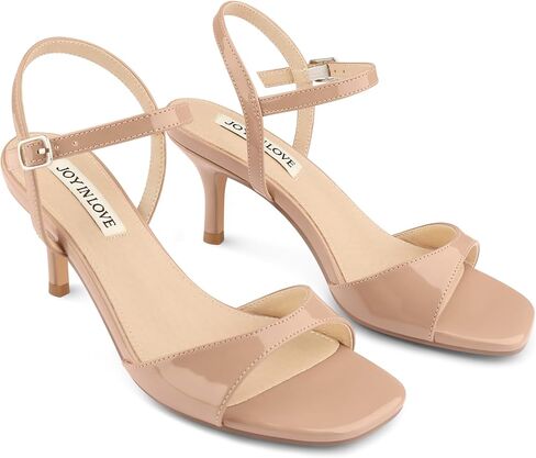 JOY IN LOVE Kitten Heels for Women Open Toe Ankle Strap Low Heel Sandals Party Wedding Dress Shoes Nude Patent US8 in Kuwait