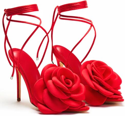 Women Kitten Heel Sandals Flower Ankle Strappy Stiletto Heel | Tie-up Design, Open Toe-3 Colors, Summer Fashion Vacation Dress Shoes, Wedding,Party,Sexy Evening Shoes in Kuwait