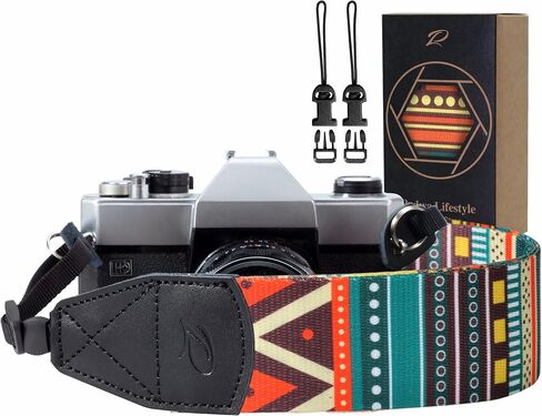Padwa Lifestyle Pentagram Camera Strap - 2" Wide Genuine Leather Ends Camera Straps for Photographers, Vintage Five-Pointed Stars Print Nylon Weave Strap with Camera Quick Release fits All Cameras in Kuwait