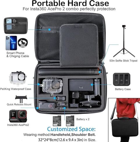 PellKing Accessories Kit for Insta360 AcePro2,Carrying Case with Belt 135cm Selfie Stick Tripod Waterproof Housing Case,360 Suction Cup Magnetic & Handlebar Mount Qucik Release Clip 4 in 1 Body Mount in Kuwait