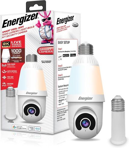 Energizer Smart 2K Light Bulb Security Camera, 1000 Lumens LED Light, 5G&2.4G Wi-Fi Outdoor Socket Camera, Pan Tilt Auto Tracking, (White, App Enabled Smart Detections) in Kuwait