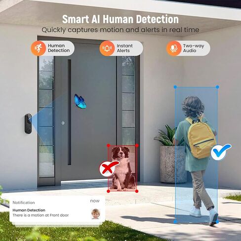 GridTera Smart Video Doorbell Camera Wireless, AI Human Detection and Instant Alerts, Night Vision, 2-Way Audio, Battery Powered, Cloud Storage Sold Seperately, 2.4G WiFi (Chime Included) in Kuwait
