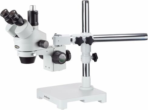 AmScope SM-3TX-54S Professional Trinocular Stereo Zoom Microscope, WH10x Eyepieces, 3.5X-45X Magnification, 0.7X-4.5X Zoom Objective, 54-Bulb LED Light, Single-Arm Boom Stand, 110V-240V, Includes 0.5X Barlow Lens in Kuwait
