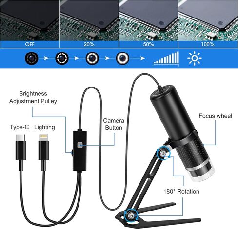 USB Digital Microscope for iOS and Android Devices (Not for Any PC) | 50x-1600x Magnification, 1920x1440P HD Portable Microscope Camera for Adults, Children, Students in Kuwait