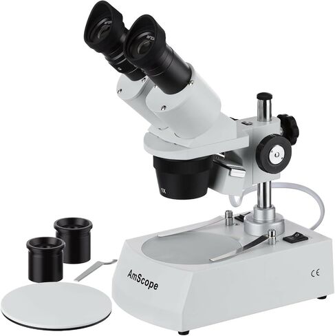AmScope SE305R-PZ-LED Forward-Mounted Binocular Stereo Microscope, WF10x and WF20x Eyepieces, 10X/20X/30X/60X Magnification, 1X and 3X Objectives, Upper and Lower LED Lighting, Reversible Black/White Stage Plate, Pillar Stand, 120V or Battery-Powered in Kuwait