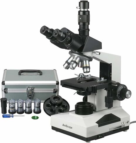 AmScope T490A-PCS Compound Trinocular Microscope, WF10x and WF16x Eyepieces, 40X-1600X Magnification, Brightfield, Halogen Illumination, Abbe Condenser, Double-Layer Mechanical Stage, Sliding Head, High-Resolution Optics, Includes 3 Phase-Contrast Objecti in Kuwait