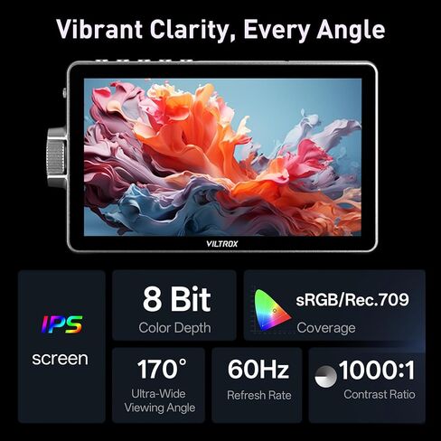 VILTROX DC-A1 7" Touchscreen IPS Camera Monitor,4K HDMI 2000 Nits FHD 1920x1080 Camera Field Monitor with Battery Sunshade Hood,3D LUT, Waveform, Histogram & Vectorscope Tools in Kuwait