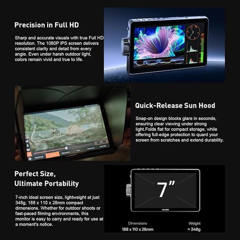 VILTROX DC-A1 7" Touchscreen IPS Camera Monitor,4K HDMI 2000 Nits FHD 1920x1080 Camera Field Monitor with Battery Sunshade Hood,3D LUT, Waveform, Histogram & Vectorscope Tools in Kuwait