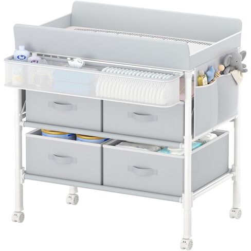 BOLUO Baby Changing Table with 4 Drawers, Waterproof Diaper Changing Station with Storage, Adjustable Height Baby Changing Station for Mobile Nursery Grey in Kuwait