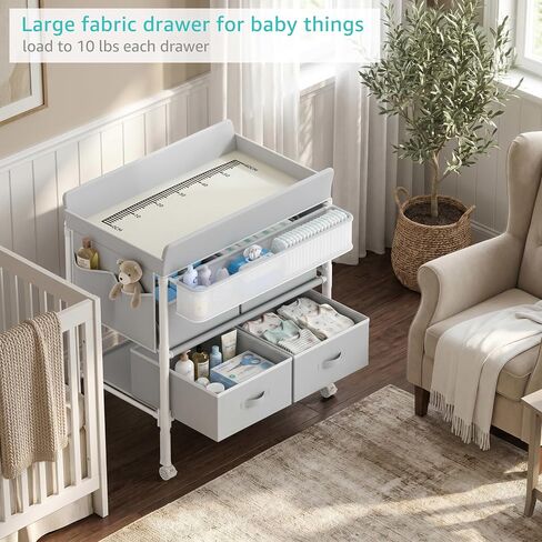 BOLUO Baby Changing Table with 4 Drawers, Waterproof Diaper Changing Station with Storage, Adjustable Height Baby Changing Station for Mobile Nursery Grey in Kuwait