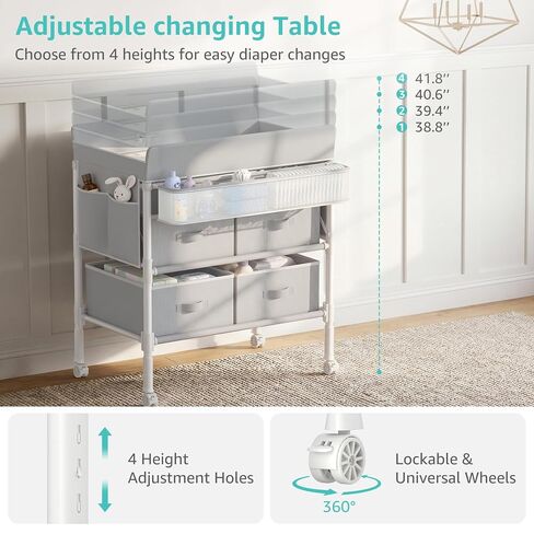BOLUO Baby Changing Table with 4 Drawers, Waterproof Diaper Changing Station with Storage, Adjustable Height Baby Changing Station for Mobile Nursery Grey in Kuwait