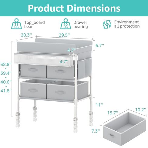 BOLUO Baby Changing Table with 4 Drawers, Waterproof Diaper Changing Station with Storage, Adjustable Height Baby Changing Station for Mobile Nursery Grey in Kuwait