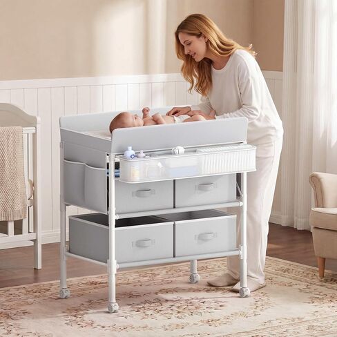 BOLUO Baby Changing Table with 4 Drawers, Waterproof Diaper Changing Station with Storage, Adjustable Height Baby Changing Station for Mobile Nursery Grey in Kuwait