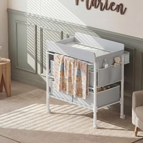 BOLUO Baby Changing Table with 4 Drawers, Waterproof Diaper Changing Station with Storage, Adjustable Height Baby Changing Station for Mobile Nursery Grey in Kuwait