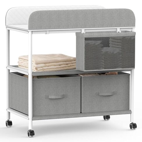 Baby Changing Table, Portable Diaper Changing Station, Changing Table with Wheels, Waterproof Changing Pad, Removable Storage Baskets & Safety Belt, Mobile Nursery Organizer for Newborns in Kuwait