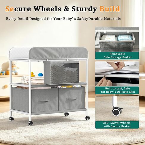 Baby Changing Table, Portable Diaper Changing Station, Changing Table with Wheels, Waterproof Changing Pad, Removable Storage Baskets & Safety Belt, Mobile Nursery Organizer for Newborns in Kuwait