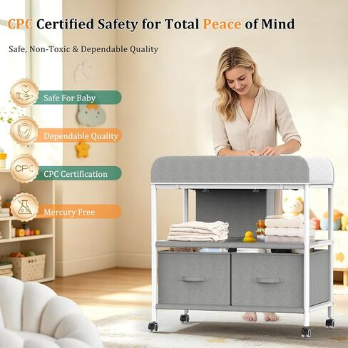 Baby Changing Table, Portable Diaper Changing Station, Changing Table with Wheels, Waterproof Changing Pad, Removable Storage Baskets & Safety Belt, Mobile Nursery Organizer for Newborns in Kuwait