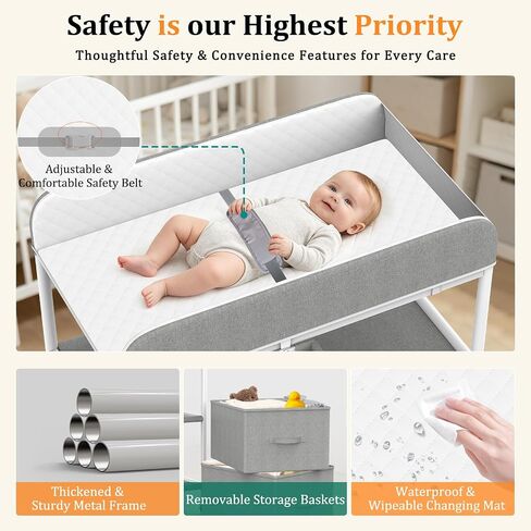 Baby Changing Table, Portable Diaper Changing Station, Changing Table with Wheels, Waterproof Changing Pad, Removable Storage Baskets & Safety Belt, Mobile Nursery Organizer for Newborns in Kuwait