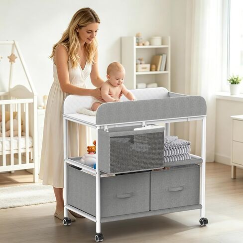 Baby Changing Table, Portable Diaper Changing Station, Changing Table with Wheels, Waterproof Changing Pad, Removable Storage Baskets & Safety Belt, Mobile Nursery Organizer for Newborns in Kuwait