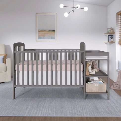 Dream On Me Anna 3-in-1 Convertible Full-Size Baby Crib & Changer with Storage in Steel Grey, GreenGuard Gold & BSA, Pinewood, Converts to Day & Toddler Bed, 3 Mattress Heights, 1″ Changing Pad in Kuwait