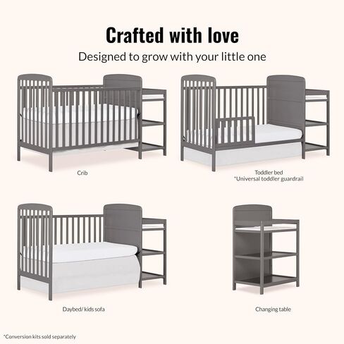 Dream On Me Anna 3-in-1 Convertible Full-Size Baby Crib & Changer with Storage in Steel Grey, GreenGuard Gold & BSA, Pinewood, Converts to Day & Toddler Bed, 3 Mattress Heights, 1″ Changing Pad in Kuwait