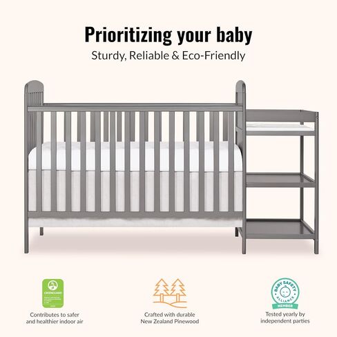 Dream On Me Anna 3-in-1 Convertible Full-Size Baby Crib & Changer with Storage in Steel Grey, GreenGuard Gold & BSA, Pinewood, Converts to Day & Toddler Bed, 3 Mattress Heights, 1″ Changing Pad in Kuwait