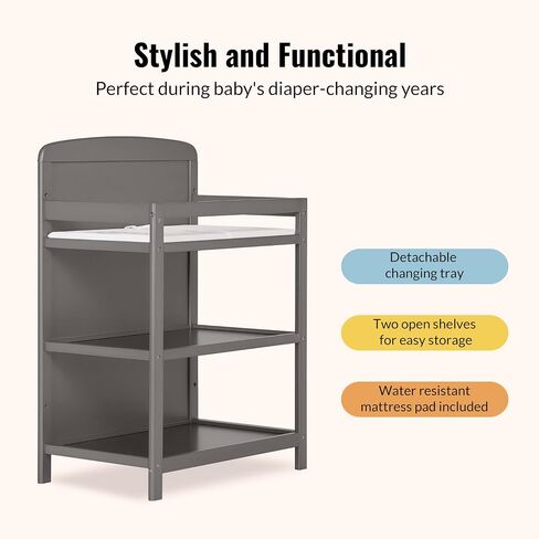 Dream On Me Anna 3-in-1 Convertible Full-Size Baby Crib & Changer with Storage in Steel Grey, GreenGuard Gold & BSA, Pinewood, Converts to Day & Toddler Bed, 3 Mattress Heights, 1″ Changing Pad in Kuwait