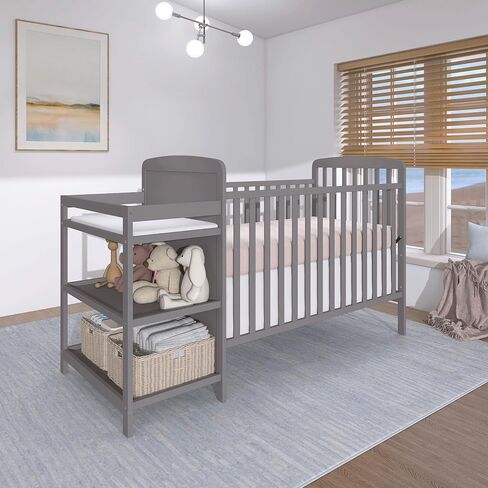 Dream On Me Anna 3-in-1 Convertible Full-Size Baby Crib & Changer with Storage in Steel Grey, GreenGuard Gold & BSA, Pinewood, Converts to Day & Toddler Bed, 3 Mattress Heights, 1″ Changing Pad in Kuwait