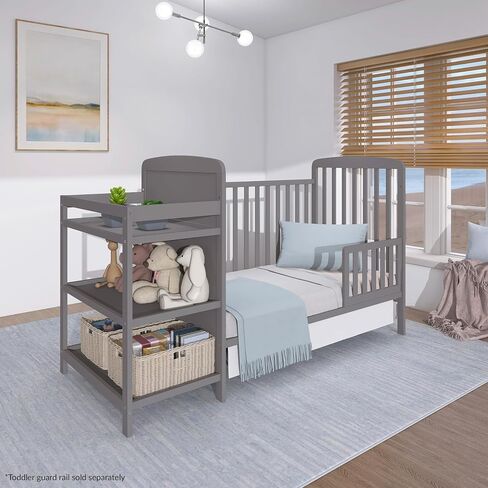 Dream On Me Anna 3-in-1 Convertible Full-Size Baby Crib & Changer with Storage in Steel Grey, GreenGuard Gold & BSA, Pinewood, Converts to Day & Toddler Bed, 3 Mattress Heights, 1″ Changing Pad in Kuwait