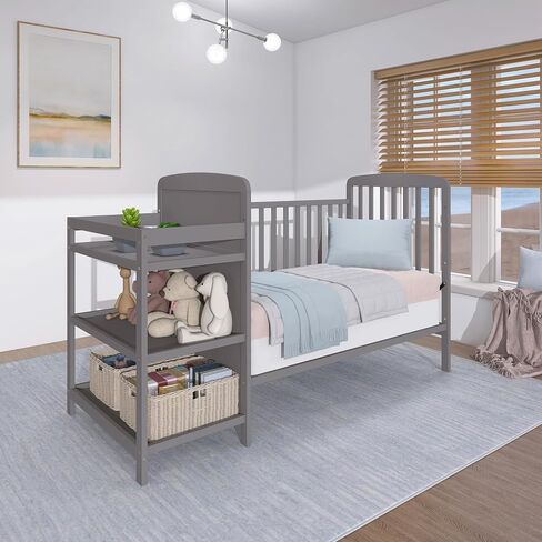Dream On Me Anna 3-in-1 Convertible Full-Size Baby Crib & Changer with Storage in Steel Grey, GreenGuard Gold & BSA, Pinewood, Converts to Day & Toddler Bed, 3 Mattress Heights, 1″ Changing Pad in Kuwait