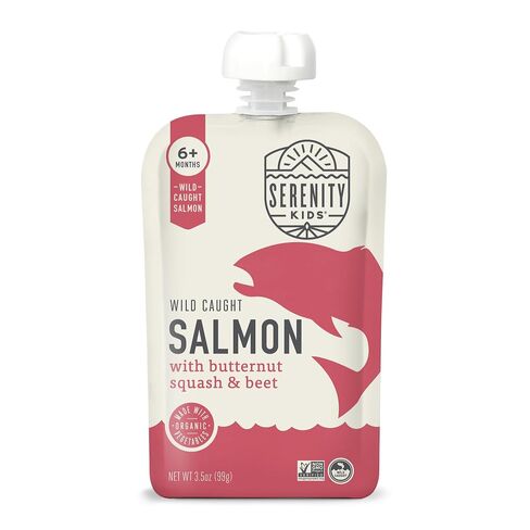 Serenity Kids 6+ Months Salmon Baby Food Pouches - No Added Sugar Nutrient-Packed Snacks - High-Protein Infant Food with 5g Protein - On-the-Go Baby Travel Essentials - 3.5 Oz, Pack of 12 in Kuwait