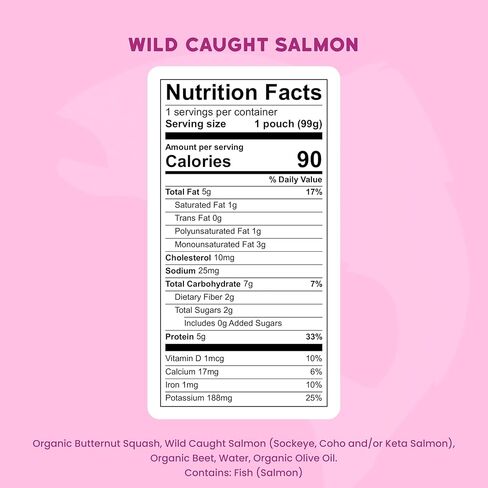 Serenity Kids 6+ Months Salmon Baby Food Pouches - No Added Sugar Nutrient-Packed Snacks - High-Protein Infant Food with 5g Protein - On-the-Go Baby Travel Essentials - 3.5 Oz, Pack of 12 in Kuwait