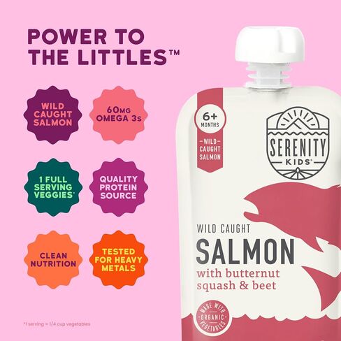Serenity Kids 6+ Months Salmon Baby Food Pouches - No Added Sugar Nutrient-Packed Snacks - High-Protein Infant Food with 5g Protein - On-the-Go Baby Travel Essentials - 3.5 Oz, Pack of 12 in Kuwait