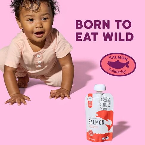 Serenity Kids 6+ Months Salmon Baby Food Pouches - No Added Sugar Nutrient-Packed Snacks - High-Protein Infant Food with 5g Protein - On-the-Go Baby Travel Essentials - 3.5 Oz, Pack of 12 in Kuwait