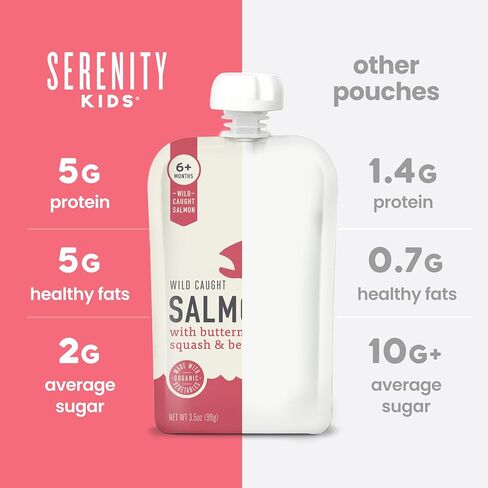 Serenity Kids 6+ Months Salmon Baby Food Pouches - No Added Sugar Nutrient-Packed Snacks - High-Protein Infant Food with 5g Protein - On-the-Go Baby Travel Essentials - 3.5 Oz, Pack of 12 in Kuwait