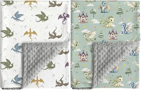 Dragon Baby Blanket DND Gender Neutral Minky Blankets for Newborn Baby Girls or Boys Nursery Toddler Double Layer Blanket with Dotted Backing and Dragon Printed (Green) in Kuwait