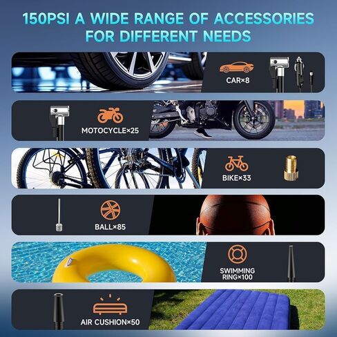 Tire Inflator Portable Air Compressor, Cordless 150 PSI | Digital Pressure Gauge, Rechargeable Air Pump for Car Tires Motorcycle Bicycle Balls, Auto Shut Off, LED Light in Kuwait