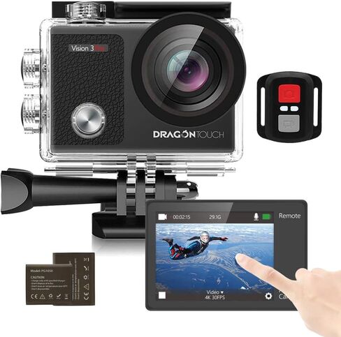 Dragon Touch 4K30FPS Action Camera Vision 3 20MP 100FT Waterproof Camera | Underwater Sports Camera with Remote Control 4X Zoom WiFi 170° Wide Angle 2 Batteries and Mounting Accessories Kit in Kuwait