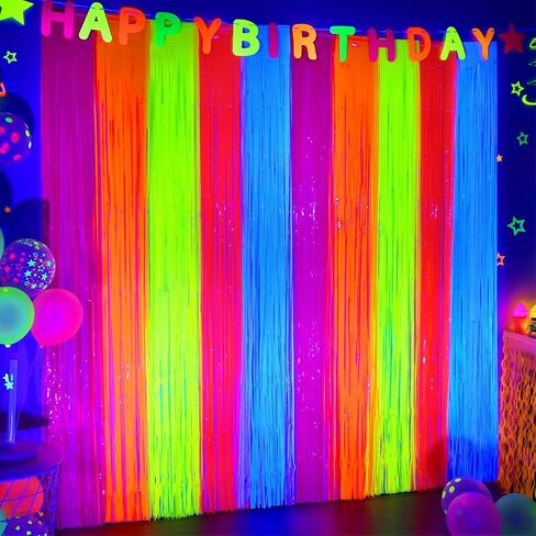 Mega-L Glow in The Dark Party Supplies, Neon Multicolor Backdrop, 2 Pack | Fluorescent Tinsel Foil Fringe Curtains, Neon Backdrop Streamers for Birthday, Halloween, New Year, Graduation Party in Kuwait