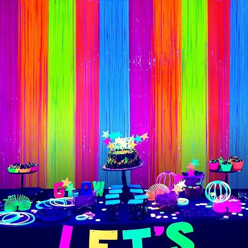 Mega-L Glow in The Dark Party Supplies, Neon Multicolor Backdrop, 2 Pack | Fluorescent Tinsel Foil Fringe Curtains, Neon Backdrop Streamers for Birthday, Halloween, New Year, Graduation Party in Kuwait