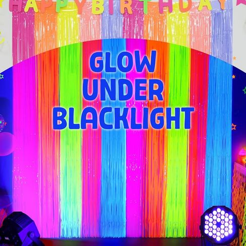 Mega-L Glow in The Dark Party Supplies, Neon Multicolor Backdrop, 2 Pack | Fluorescent Tinsel Foil Fringe Curtains, Neon Backdrop Streamers for Birthday, Halloween, New Year, Graduation Party in Kuwait