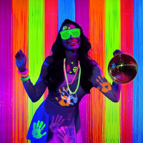 Mega-L Glow in The Dark Party Supplies, Neon Multicolor Backdrop, 2 Pack | Fluorescent Tinsel Foil Fringe Curtains, Neon Backdrop Streamers for Birthday, Halloween, New Year, Graduation Party in Kuwait