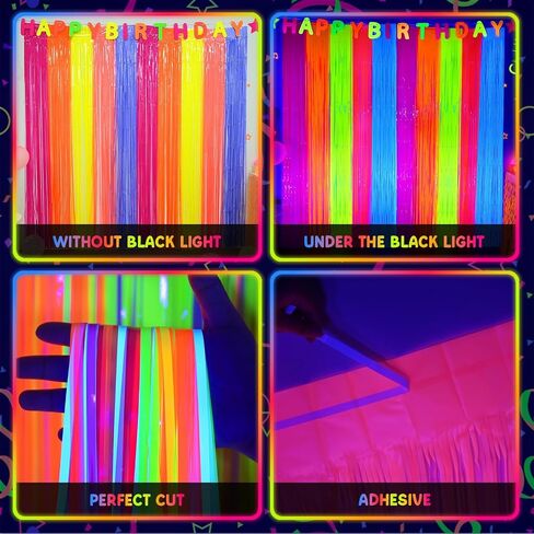 Mega-L Glow in The Dark Party Supplies, Neon Multicolor Backdrop, 2 Pack | Fluorescent Tinsel Foil Fringe Curtains, Neon Backdrop Streamers for Birthday, Halloween, New Year, Graduation Party in Kuwait