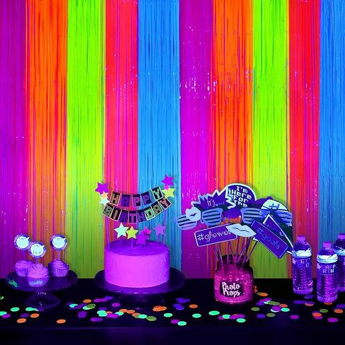 Mega-L Glow in The Dark Party Supplies, Neon Multicolor Backdrop, 2 Pack | Fluorescent Tinsel Foil Fringe Curtains, Neon Backdrop Streamers for Birthday, Halloween, New Year, Graduation Party in Kuwait