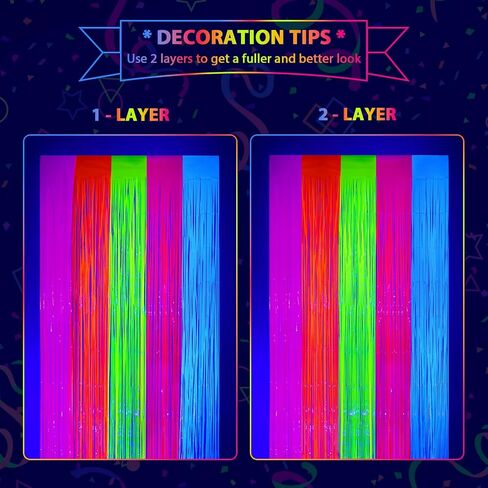 Mega-L Glow in The Dark Party Supplies, Neon Multicolor Backdrop, 2 Pack | Fluorescent Tinsel Foil Fringe Curtains, Neon Backdrop Streamers for Birthday, Halloween, New Year, Graduation Party in Kuwait