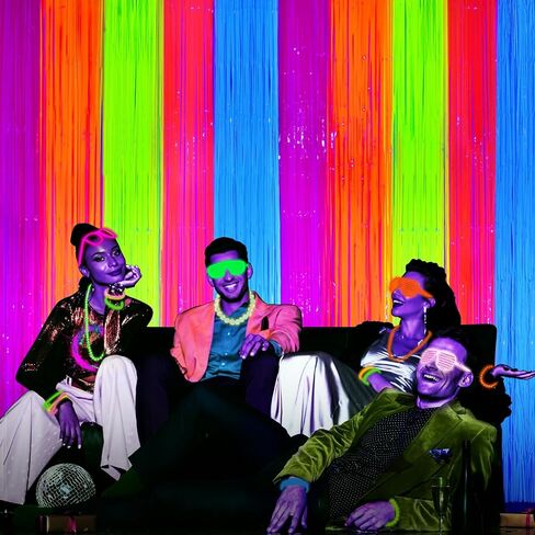 Mega-L Glow in The Dark Party Supplies, Neon Multicolor Backdrop, 2 Pack | Fluorescent Tinsel Foil Fringe Curtains, Neon Backdrop Streamers for Birthday, Halloween, New Year, Graduation Party in Kuwait