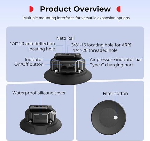 SMALLRIG Electric 5" Camera Suction Cup Mount for Car, 2000mAh, Tether | Safety tether for vehicles, high-performance electric motor, compatible with GoPro, DJI, Insta360. in Saudi Arabia