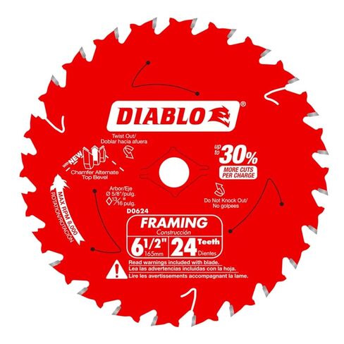 Diablo Framing Saw Blade for Wood - 6-1/2" Dia, 24 ATB Teeth, 5/8" Arbor | .059" Kerf, 18-Degree Hook Angle, .039" Plate, 8800 Max RPM - D0624A in Kuwait